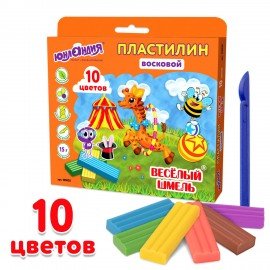 Пластилин восковой ЮНЛАНДИЯ "ВЕСЕЛЫЙ ШМЕЛЬ", 10 цветов, 150 г, СО СТЕКОМ, европодвес, 105035