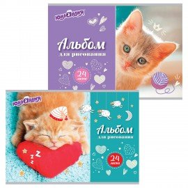Альбом для рисования, А4, 24 листа, скоба, обложка картон, ЮНЛАНДИЯ, 202х285 мм, "Милые кошечки" (2 вида), 105055