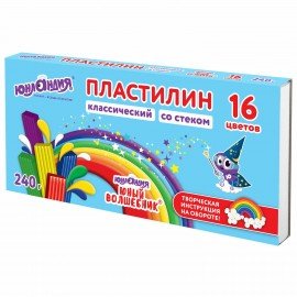 Пластилин классический ЮНЛАНДИЯ "ЮНЫЙ ВОЛШЕБНИК", 16 цветов, 240 грамм, СО СТЕКОМ, ВЫСШЕЕ КАЧЕСТВО, 106430