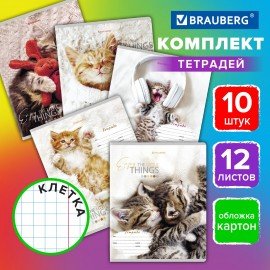Тетради 12 л. КОМПЛЕКТ 10 шт. BRAUBERG, клетка, обложка картон, ПИТОМЦЫ, 106663