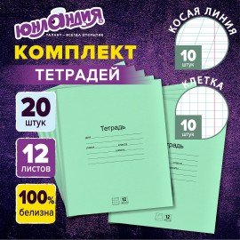 Тетради ДЭК 12 л. КОМПЛЕКТ 20 шт., с ЗЕЛЁНОЙ обложкой, ЮНЛАНДИЯ, клетка+косая линия, 106752
