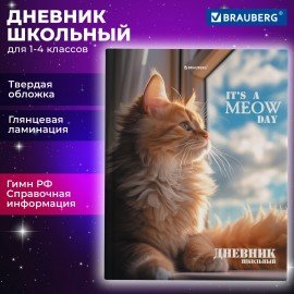 Дневник 1-4 класс 48 л., твердый, BRAUBERG, глянцевая ламинация, с подсказом, Котик, 107156