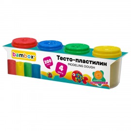Тесто пластилин для лепки СУПЕР ПЛАСТИЧНОЕ, 4 цвета, 200г, крышки-штампики, BAMBOX (БАМБОКС), 107247