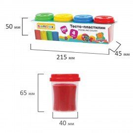 Тесто пластилин для лепки СУПЕР ПЛАСТИЧНОЕ, 4 цвета, 200г, крышки-штампики, BAMBOX (БАМБОКС), 107247