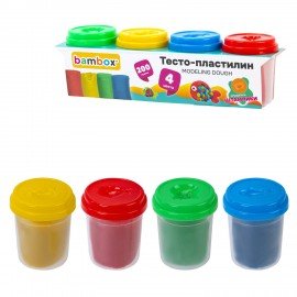 Тесто пластилин для лепки СУПЕР ПЛАСТИЧНОЕ, 4 цвета, 200г, крышки-штампики, BAMBOX (БАМБОКС), 107247