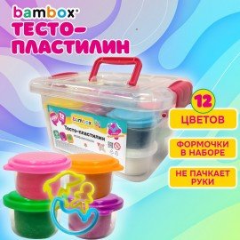 Тесто пластилин для лепки СУПЕР ПЛАСТИЧНОЕ 12 цвето 600г, в пластиковом контейнере, формочки, BAMBOX (БАМБОКС), 107252