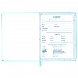 Дневник для музыкальной школы 48л, обложка кожзам твердая, фольга, BRAUBERG, мятный, КОТИК, 107367