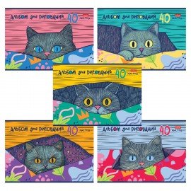 Альбом для рисования А4, 40 л., скоба, обложка картон, HATBER, 205х290 мм, "Котофей" (5 видов), 091512, 40А4В