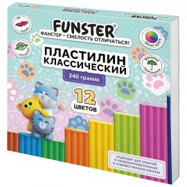 Пластилин классический, кросс-серия "КОШАЧЬИ ЛАПКИ", 12 цветов, 240 г, СТЕК, ВЫСШЕЕ КАЧЕСТВО, FUNSTER (ФАНСТЕР), 107521