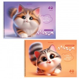 Альбомы д/рис. ДЭК, А4, 40 л., КОМПЛЕКТ 2 шт., гребень, SoftTouch, BRAUBERG, 200х290мм, "Котики",107737
