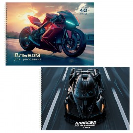 Альбомы д/рис. ДЭК, А4, 40 л., КОМПЛЕКТ 2 шт., гребень, глянцевый лак, BRAUBERG, 200х290 мм, "Авто/Мото", 107741