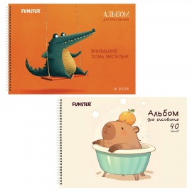 Альбомы для рисования ДЭК, А4, 40 л., КОМПЛЕКТ 2 шт., гребень, выборочный лак, FUNSTER, 200х290 мм, "Животные", 107751