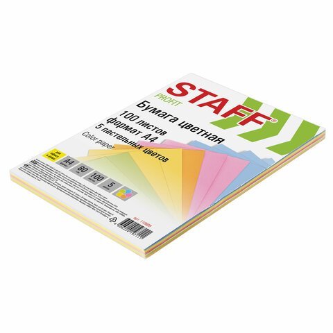 Бумага цветная STAFF "Profit", А4, 80 г/м2, 100 л. (5 цв. х 20 л.), пастель, для офиса и дома, 110889