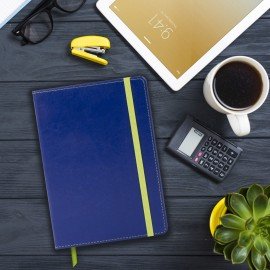 Блокнот А5 (148x218 мм), BRAUBERG "Office", под кожу, 80 л., резинка, клетка, синий, 111028