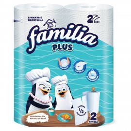 Полотенца бумажные бытовые, спайка 2 шт., 2-слойные (2х12,5 м), FAMILIA, 23x13 см, белые, 5083815