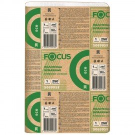 Полотенца бумажные 250 шт. FOCUS (Система H2) Eco, 1-слойные, белые, КОМПЛЕКТ 12 пачек, 24х21,5, Z-сложение, 5083814/5069958