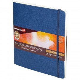 Скетчбук для акварели, 200 г/м2, 195х195 мм, среднее зерно, 20 л., сшивка, резинка, СИНИЙ, BRAUBERG ART PREMIERE, 113259