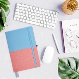 Блокнот А5 (148х218 мм), BRAUBERG "DUO", под кожу с резинкой, 80 л., клетка, голубой/розовый, 113432