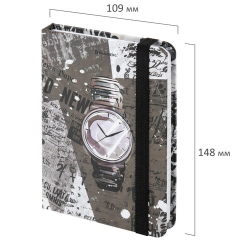 Блокнот с резинкой в клетку 96 л., МАЛЫЙ ФОРМАТ А6 (109х148 мм), твердая обложка, BRAUBERG, "Часы", 113737