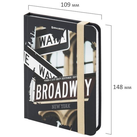 Блокнот с резинкой в клетку 96 л., МАЛЫЙ ФОРМАТ А6 (109х148 мм), твердая обложка, BRAUBERG, "Broadway", 113739