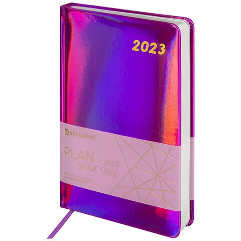 Ежедневник датированный 2023 А5 138x213 мм BRAUBERG "Holiday", под кожу, "зеркальный", фиолетовый, 114025