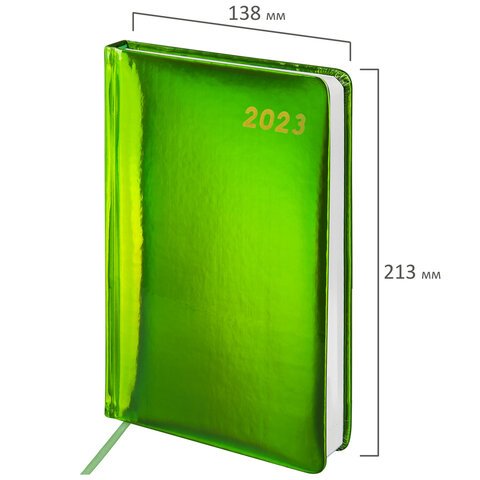 Ежедневник датированный 2023 А5 138x213 мм BRAUBERG "Holiday", под кожу, "зеркальный", зеленый, 114026