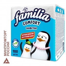 Салфетки бумажные 100 шт., 24x23 см, FAMILIA, белые, 100% целлюлоза, 5039302, 5080553
