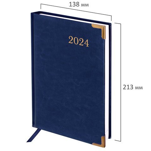 Ежедневник датированный 2024 А5 138x213 мм BRAUBERG "Senator", под кожу, синий, 114884