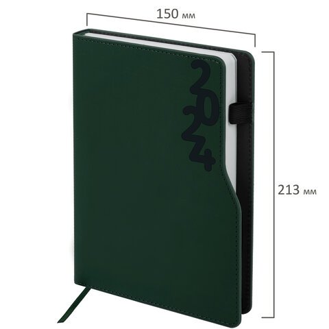 Ежедневник датированный 2024 А5 150x213 мм BRAUBERG "Up", под кожу софт-тач, держатель для ручки, зеленый, 114910