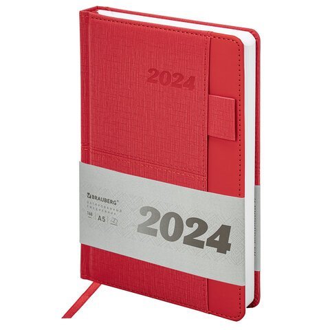 Ежедневник датированный 2024 А5 138х213 мм BRAUBERG "Pocket", под кожу, карман, держатель для ручки, красный, 114991