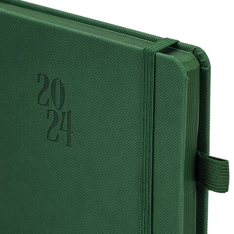Ежедневник датированный 2024 А5 138х213 мм BRAUBERG "Plain", под кожу, с резинкой, тёмно-зеленый, 114999