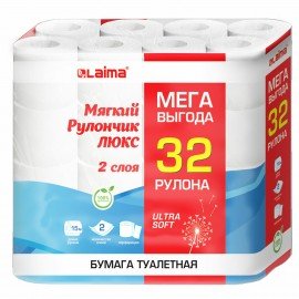 Бумага туалетная 2-х слойная, Mega Pack (32 рулона по 15 метров), LAIMA LUXE, 100% целлюлоза, 115398, 5087443