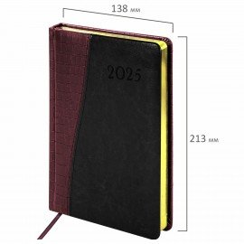 Ежедневник датированный 2025, А5, 138x213 мм, BRAUBERG "Cayman", под кожу, бордовый/черный, 115771