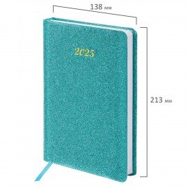 Ежедневник датированный 2025, А5, 138x213 мм, BRAUBERG "Sparkle", под кожу, блестки, бирюзовый, 115856