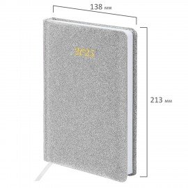 Ежедневник датированный 2025, А5, 138x213 мм, BRAUBERG "Sparkle", под кожу, блестки, серебристый, 115858