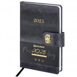 Ежедневник датированный 2025, А5, 138х213 мм, BRAUBERG "Elegant", под кожу, застежка, черный, 115938