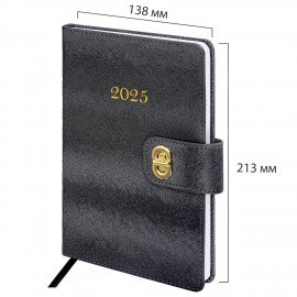 Ежедневник датированный 2025, А5, 138х213 мм, BRAUBERG "Elegant", под кожу, застежка, черный, 115938