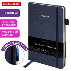 Блокнот А5 138x213мм BRAUBERG Velvet, резинка, держатель, 80л, клетка, синий, 116239