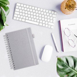 Бизнес-тетрадь на гребне А5 148х216мм BRAUBERG Calipso под кожу, резинка, клетка, 80л, серая, 116253