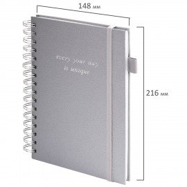 Бизнес-тетрадь на гребне А5 148х216мм BRAUBERG Calipso под кожу, резинка, клетка, 80л, серая, 116253