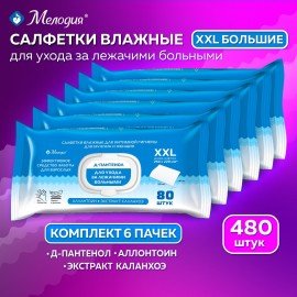 Салфетки влажные для интимной гигиены КОМПЛЕКТ(6пач.х80шт),220х250мм,Д-пантенол,LAIMA MEDICAL,116528