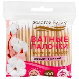 Ватные палочки КОМПЛЕКТ 100 шт., бамбуковый стик, 100% хлопок, зип-лок, ЗОЛОТОЙ ИДЕАЛ, 116556