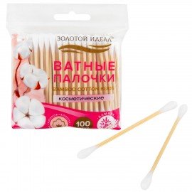 Ватные палочки КОМПЛЕКТ 100 шт., бамбуковый стик, 100% хлопок, зип-лок, ЗОЛОТОЙ ИДЕАЛ, 116556