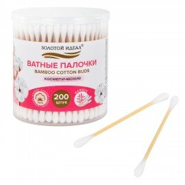 Ватные палочки КОМПЛЕКТ 200 шт.,бамбуковый стик,100% хлопок,пластиковый стакан, ЗОЛОТОЙ ИДЕАЛ, 116557
