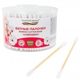 Ватные палочки КОМПЛЕКТ 500 шт.,бамбуковый стик,100% хлопок,пластиковый стакан, ЗОЛОТОЙ ИДЕАЛ, 116558