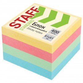 Блок самоклеящийся (стикеры) STAFF STANDARD, ПАСТЕЛЬНЫЙ 51х51 мм, 4 цвета, 400 листов, 116585