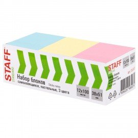 Блоки самоклеящиеся (стикеры) STAFF STANDARD, 38х51 мм, 3 цвета, 100 листов, НАБОР 12 штук, 116587