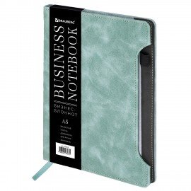 Блокнот А5 165x218мм BRAUBERG Perfect, под кожу софт-тач, держатель для ручки, 80 листов, клетка, серо-голубой, 116615