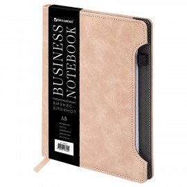 Блокнот А5 165x218мм BRAUBERG Perfect, под кожу софт-тач, держатель для ручки, 80 листов, клетка, бежевый, 116617