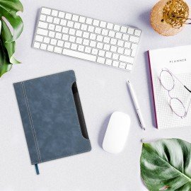 Блокнот А5 165x218мм BRAUBERG Perfect, под кожу софт-тач, держатель для ручки, 80 листов, клетка, серо-синий, 116618